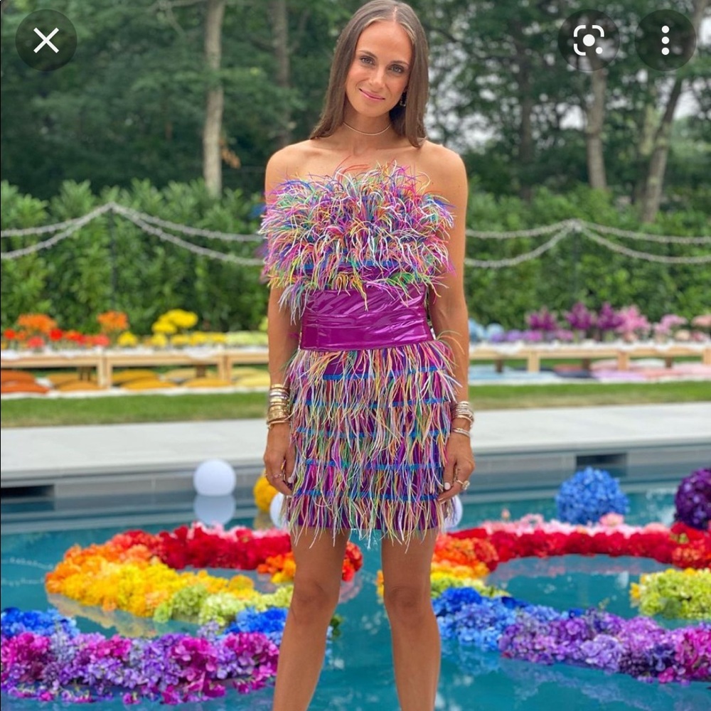 Rainbow feather mini dress. New with tags! Never been worn.
